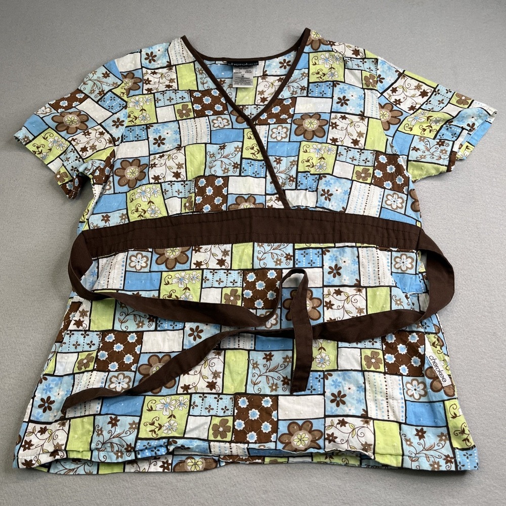 Cherokee Womens Floral Patchwork Scrub Top Front Tie Blue Green Brown M 2865D
